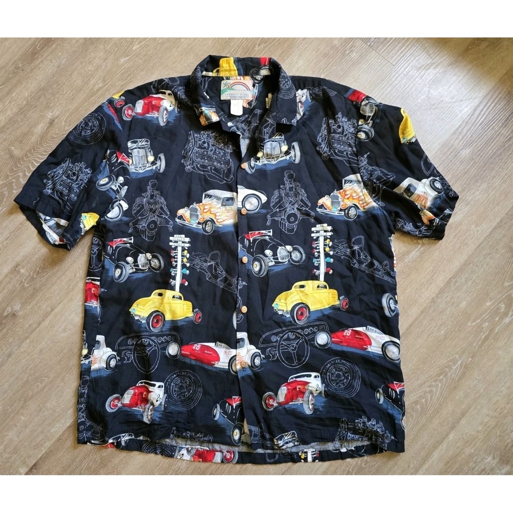 VINTAGE Paradise Found Hawaiian Shirt L Hot Rod Drag Racing Black Rayon Aloha L